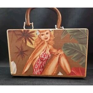 👜🏝Fun Old Wooden Box Pinup Girl Purse Handbag Wooden Handle Metal Latch